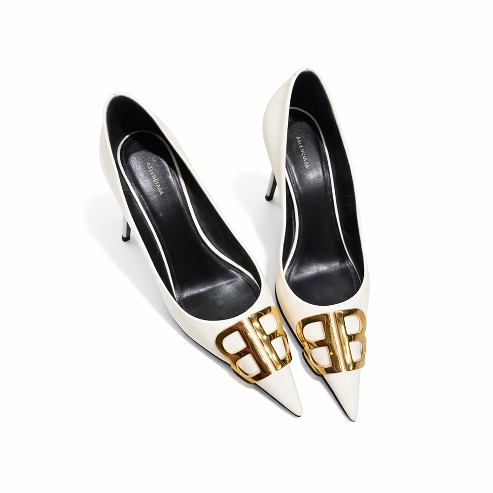 Balenciaga Women's Heels in White with Gold Detail